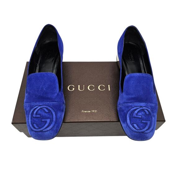 Gucci GG Logo Blue Suede Loafer Size 37 US 7 Chrome Block Heel Slip On Flat - Picture 10 of 10
